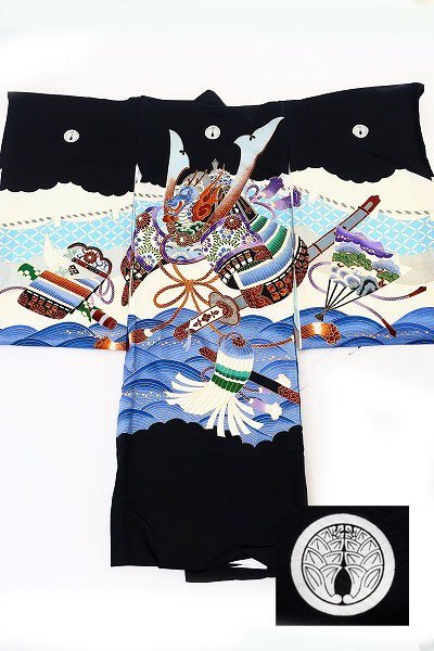 【着物フィ】美品　1円　男児裃袴九点セット　七五三　五歳　男の子　兜　黒　着物　襦袢　袴　裃　懐剣　三ツ紋　正絹　11678