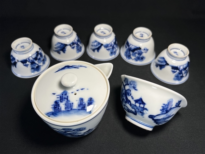 123 レトロ雑貨 時代物 煎茶器揃 無傷 7点 京焼 楠峰 染付 宝