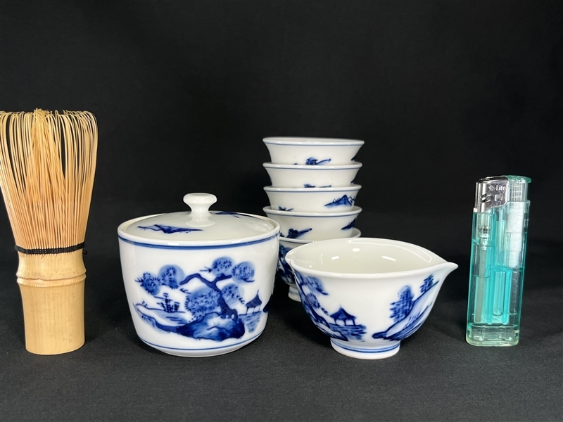 123 レトロ雑貨 時代物 煎茶器揃 無傷 7点 京焼 楠峰 染付 宝