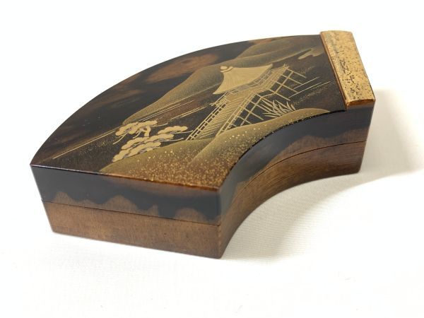 旧家蔵出 北浜風月作 黒柿 浮御堂 蒔絵 扇面香合 茶道具 保証品(香合