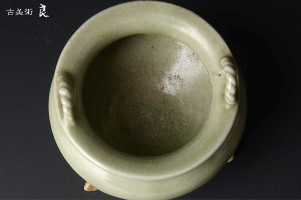 r216▽良▽明時代天竜寺青磁三足香炉透文火屋付 検 中国古玩宋時代明