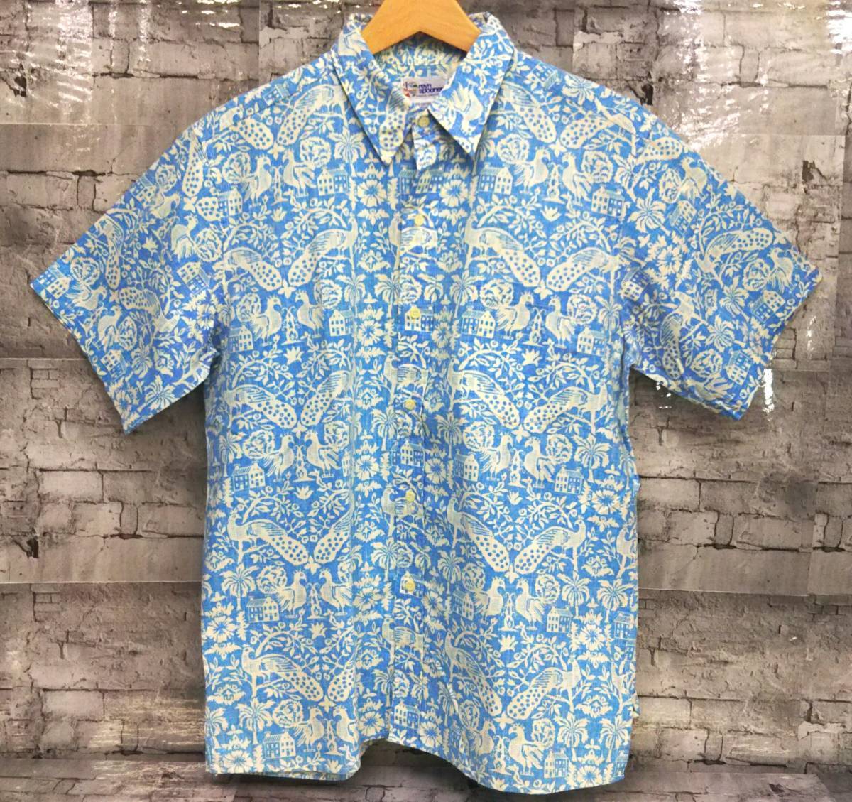 Reyn Spooner レインスプーナー アロハシャツ サイズL 家と鳥柄 ライトブルー 青色
