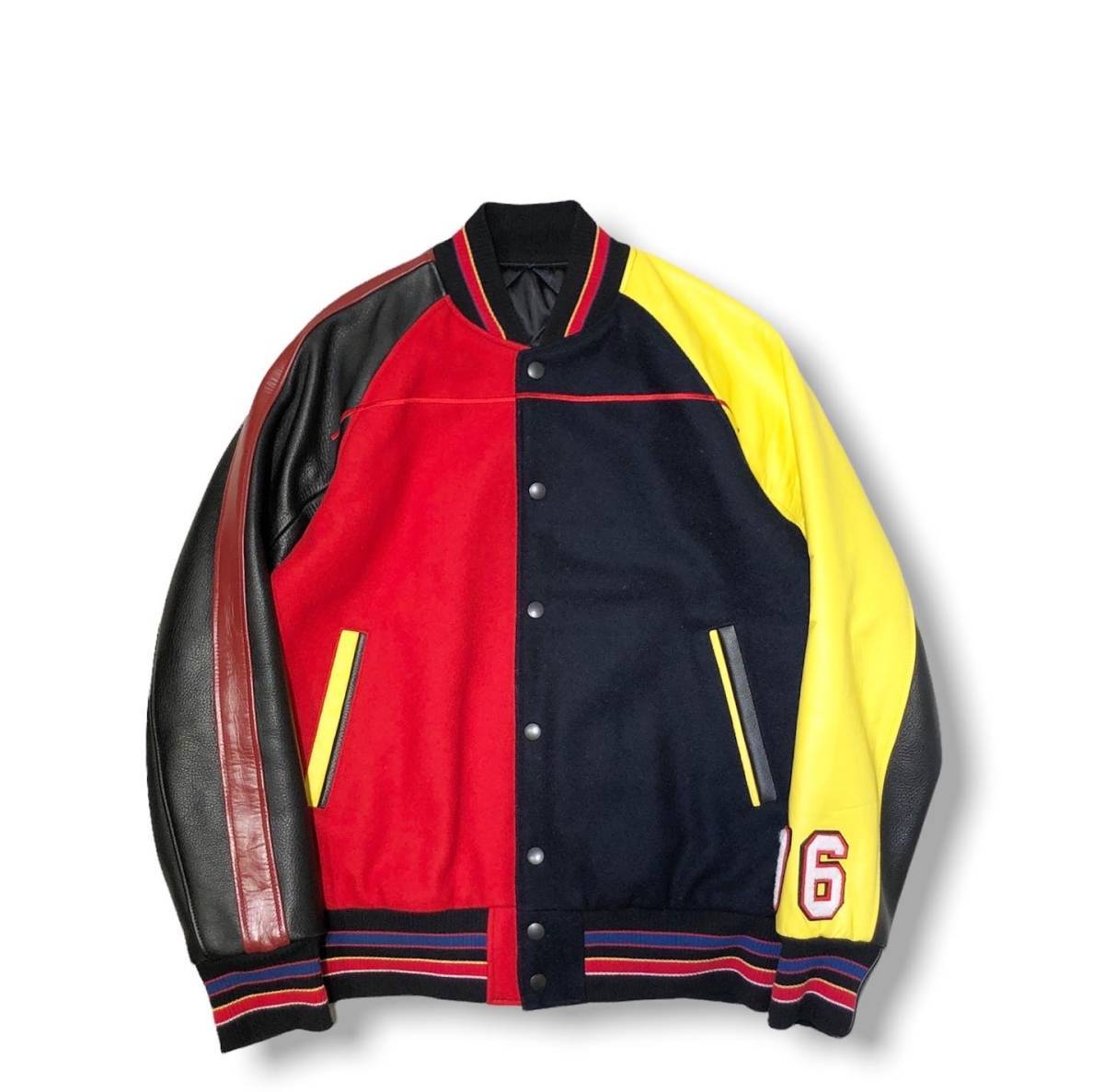 Three Face Crazy pattern stadium jumper スリーフェイス クレイジーパターン 袖レザー スタジャン Sサイズ 店舗受取可