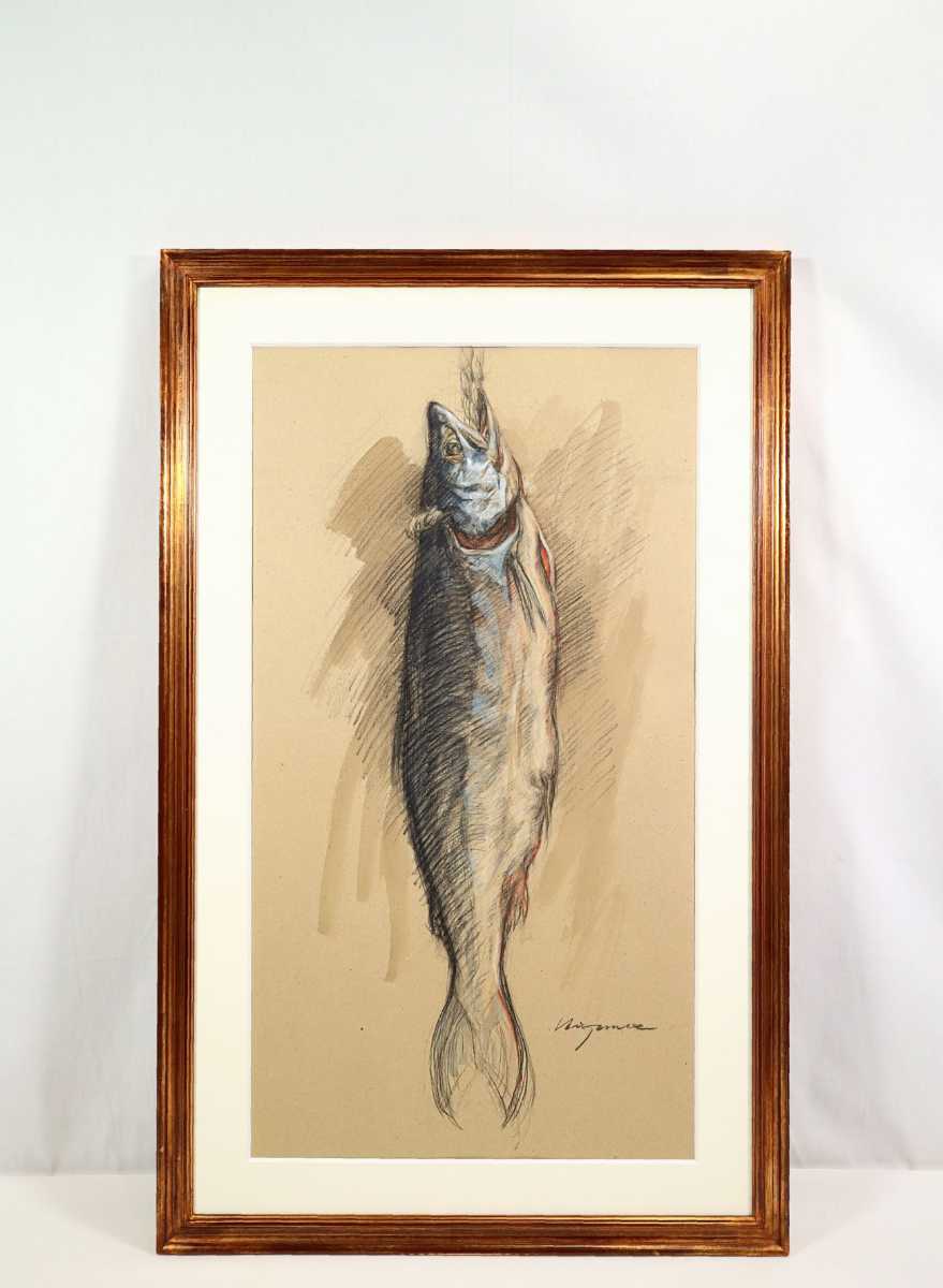 真作 友江久幸 パステル+水彩「鮭」画寸 72cm×39cm 20号 大分県出身 二