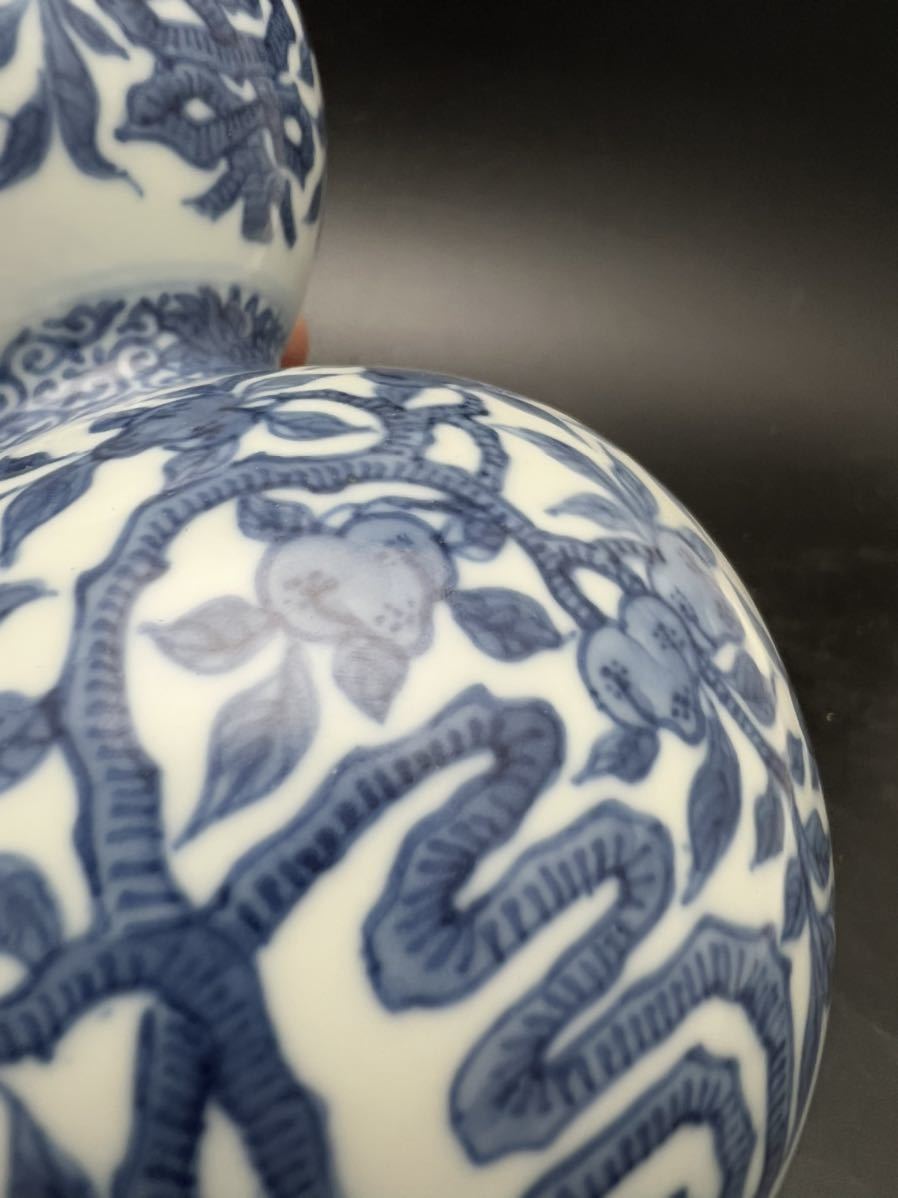 白翼】大明萬暦年製 青華 福寿文字 瓢形 徳利 ☆ 唐物 煎茶 中国 古玩