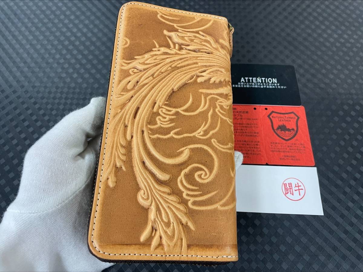 ヌメ革 和柄 ハンドメイド ラウンド長財布 フェニックス 不死鳥 レッド  