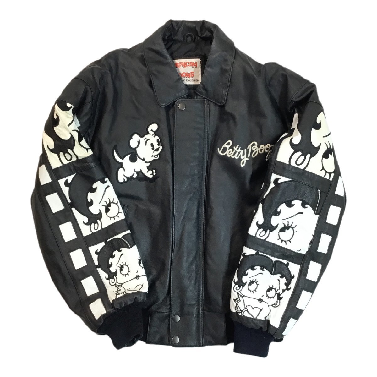 正規品，定番人気 Betty Boop ベティブープ レア レザージャケット 90&rsquo;s ヴィンテージ ライダース サイズ:S ブラック(Sサイズ)｜売買されたオークション情報、yahooの商品情報をアーカイブ公開 - オークファン スタジアムジャンパー