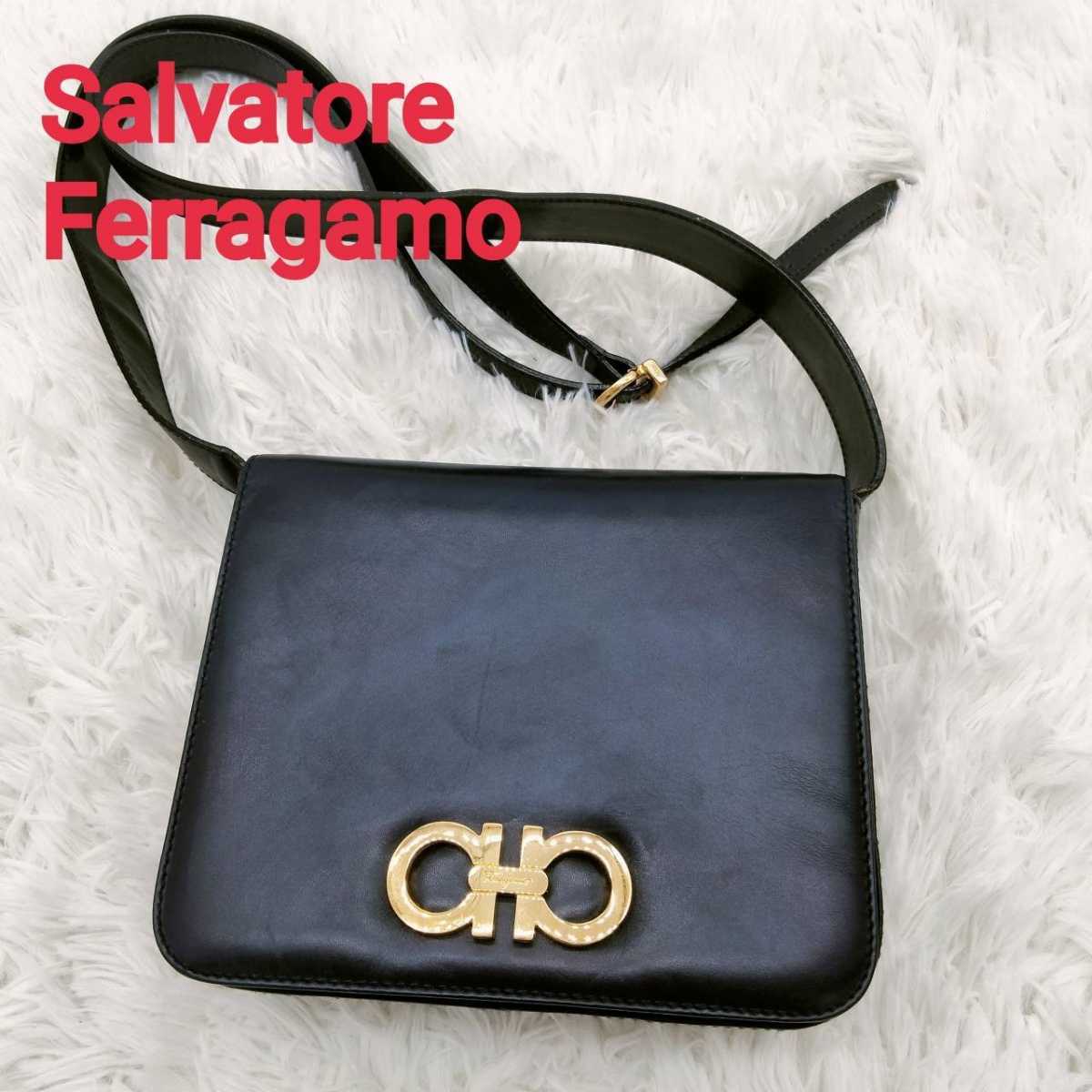 1円 サルバトーレフェラガモ ショルダーバッグ レザー Ferragamo ダブルガンチーニ 金具 ミニショルダー フェラガモ AQ-217266 ネイビー