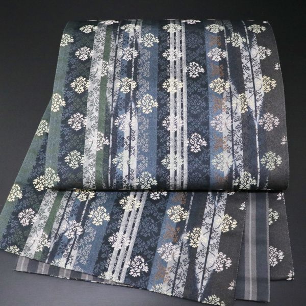 12227【秀品】正絹　リバーシブル　6通袋帯　矢羽根縞に変わり花菱　芯なし仕立