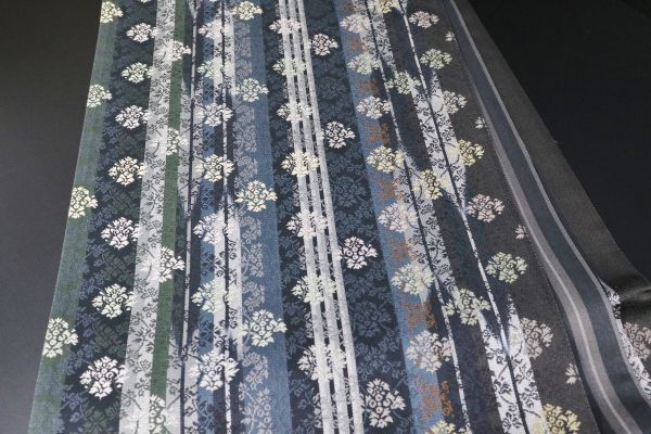 12227【秀品】正絹　リバーシブル　6通袋帯　矢羽根縞に変わり花菱　芯なし仕立