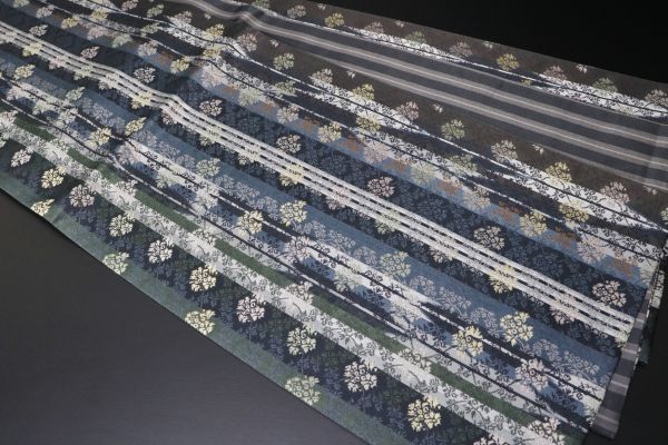 12227【秀品】正絹　リバーシブル　6通袋帯　矢羽根縞に変わり花菱　芯なし仕立