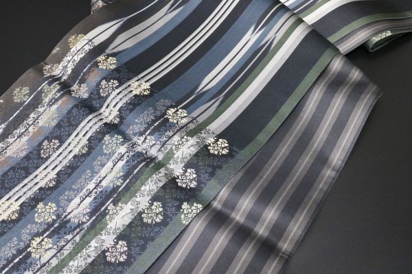 12227【秀品】正絹　リバーシブル　6通袋帯　矢羽根縞に変わり花菱　芯なし仕立