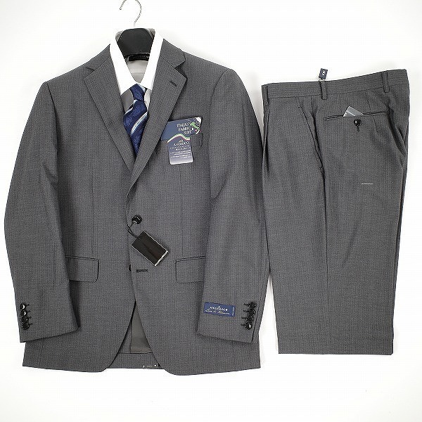 新品1円～★定価8.3万 イタリア生地 ANGELICO アンジェリコ 春夏 ウール毛100% ストライプ 二つ釦スーツ 98AB6 背抜き グレー ◆5567◆