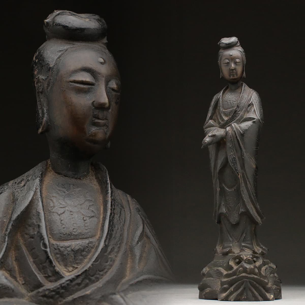 EE608 時代物 古銅「観音菩薩立像」高22.5cm 重890g・銅造観音菩薩造