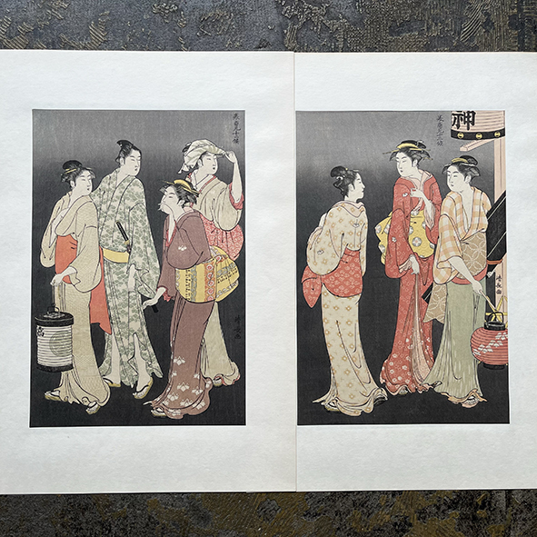 アダチ版 浮世絵 木版画 清長画 美人画 二枚組 額装品 中古 / 11543