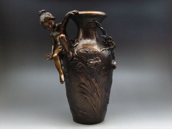 D-5 昭和レトロ 高岡銅器 鋳銅花瓶 「斑鳩」記念品 木箱付き 花瓶 花器