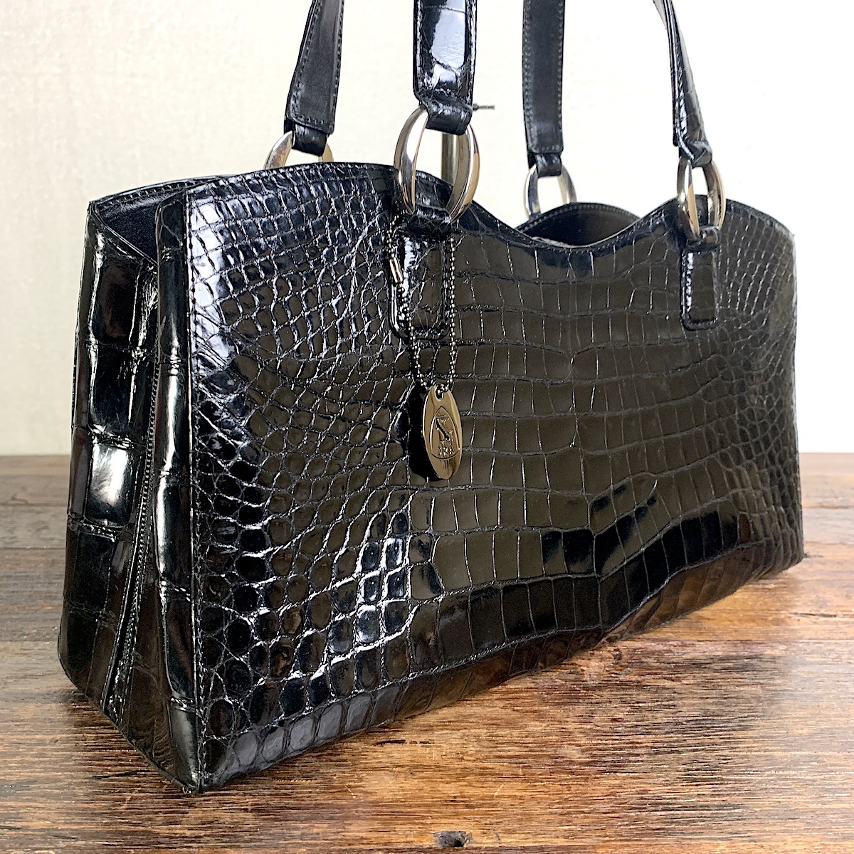 8 美品 Sanpo 本物 クロコダイル バッグ 黒 シャイニー JRA ( ブラック 