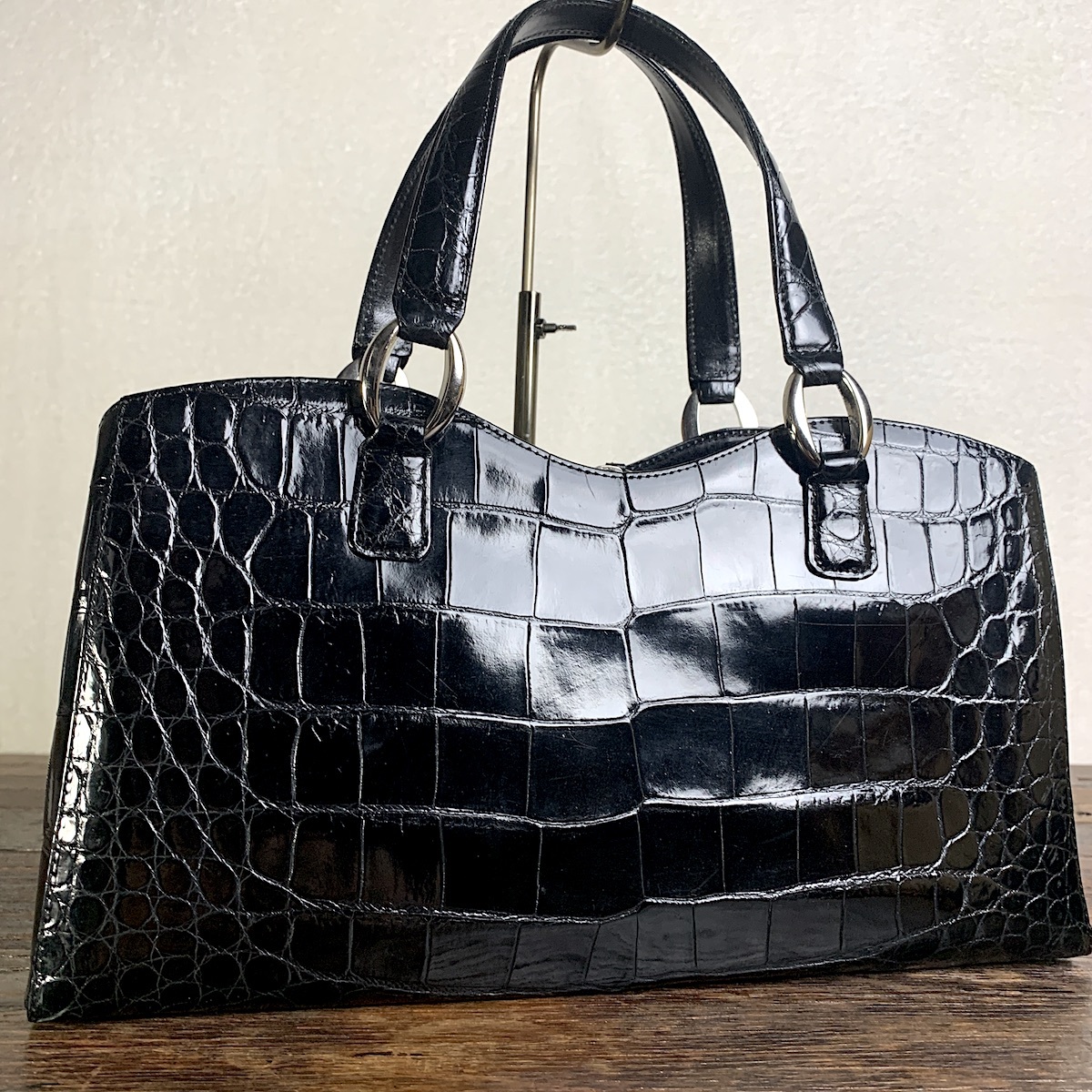 8 美品 Sanpo 本物 クロコダイル バッグ 黒 シャイニー JRA ( ブラック 