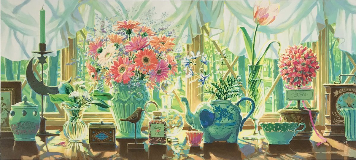 笹倉哲平　軽井沢の窓辺　シルクスクリーン 笹倉鉄平 軽井沢の窓辺／絵画 版画 ミクスドメディア 全国送料無料