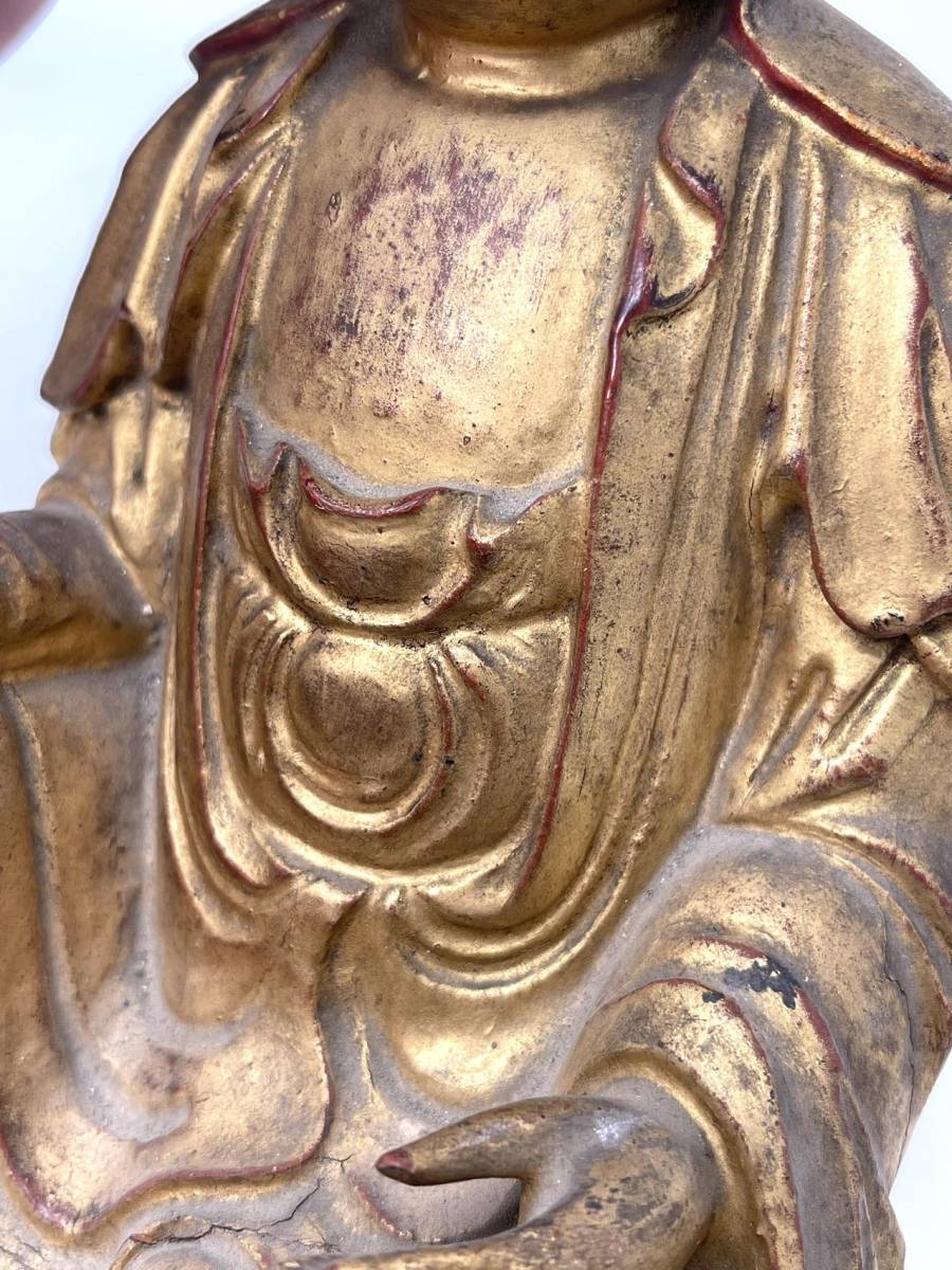時代物 唐木雕 金漆觀音菩薩坐像 細密彫刻 時代台座付 古物保証 (仏教