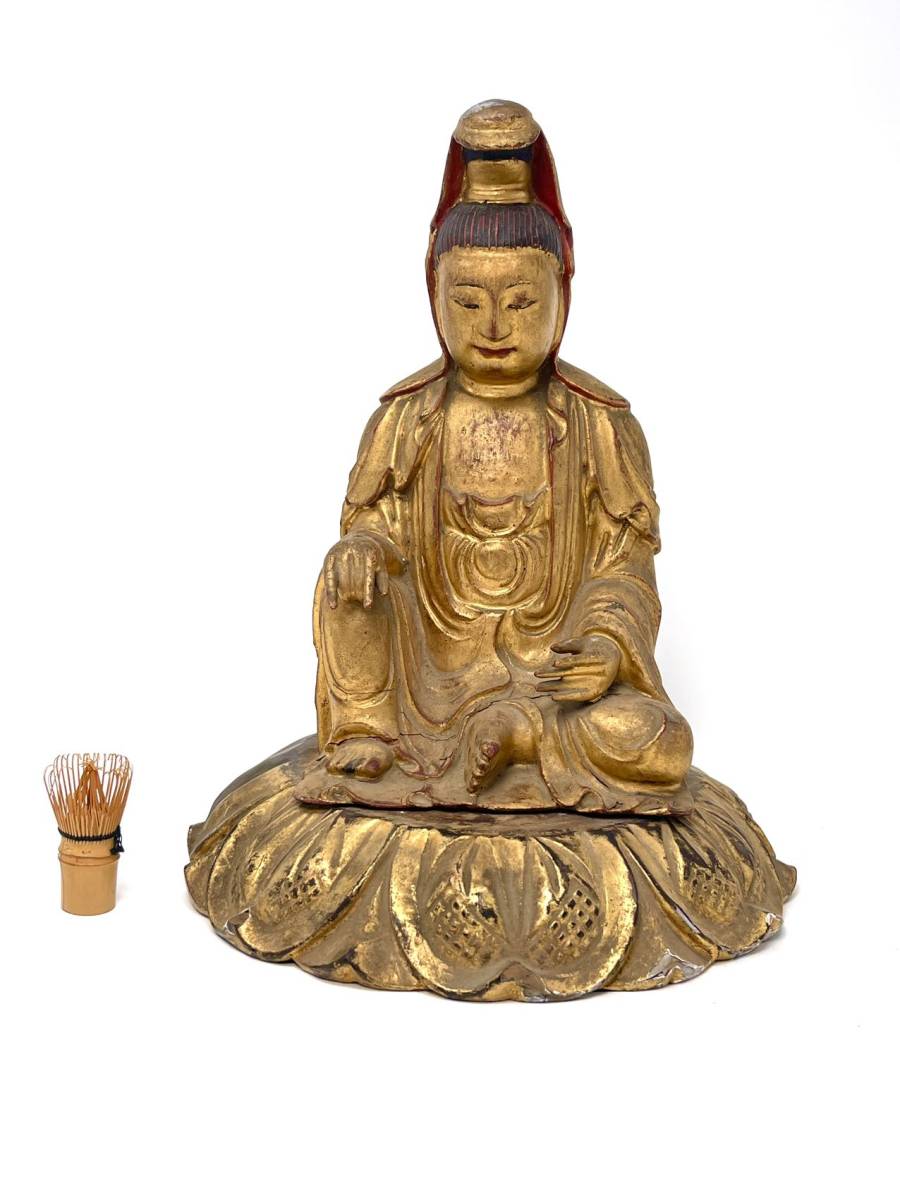 時代物 唐木雕 金漆觀音菩薩坐像 細密彫刻 時代台座付 古物保証 (仏教