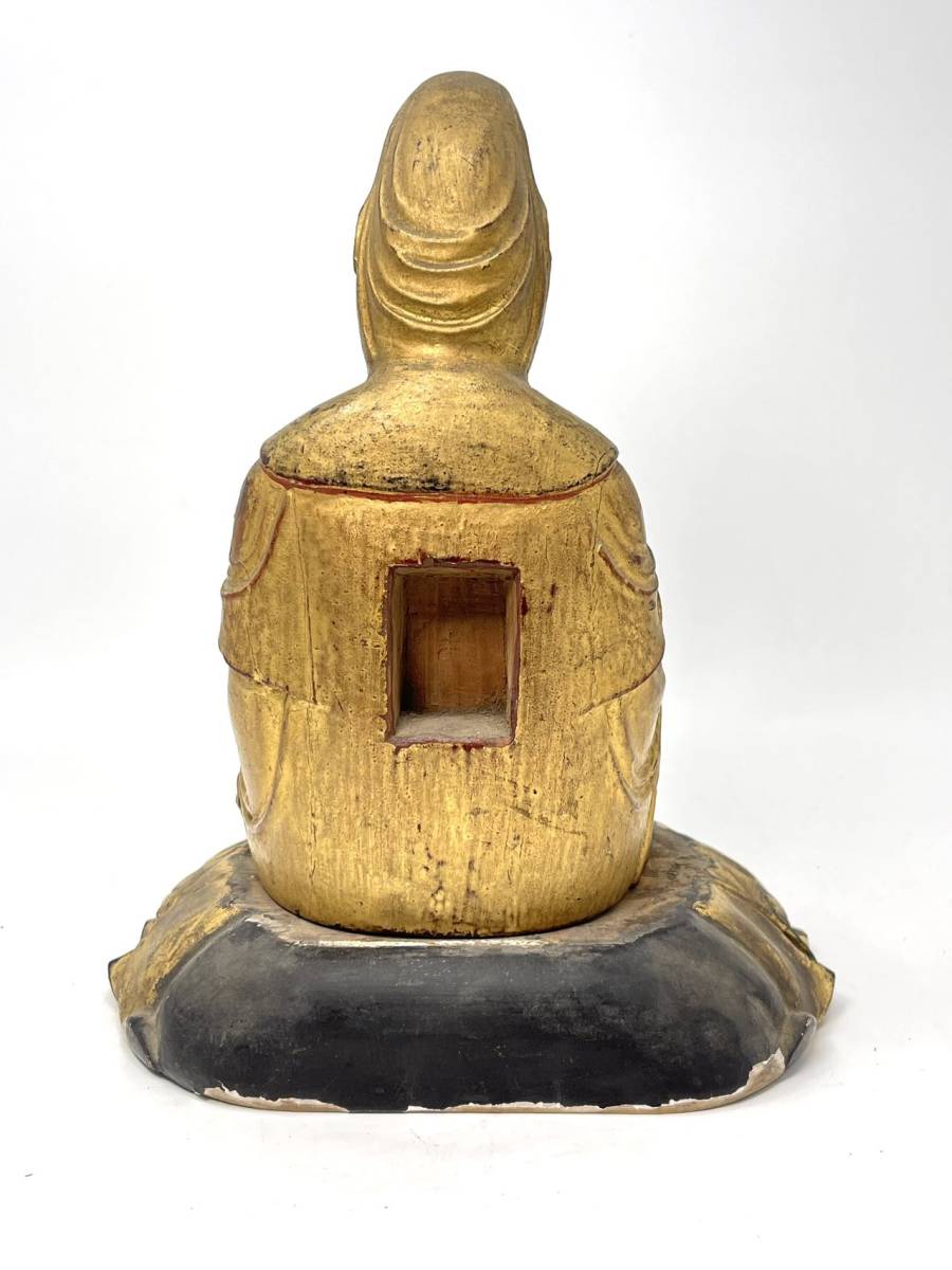 時代物 唐木雕 金漆觀音菩薩坐像 細密彫刻 時代台座付 古物保証 (仏教