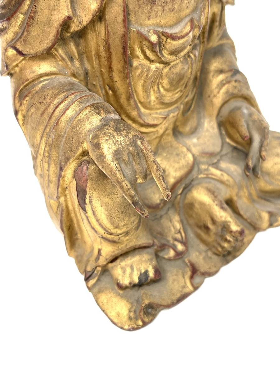 時代物 唐木雕 金漆觀音菩薩坐像 細密彫刻 時代台座付 古物保証 (仏教
