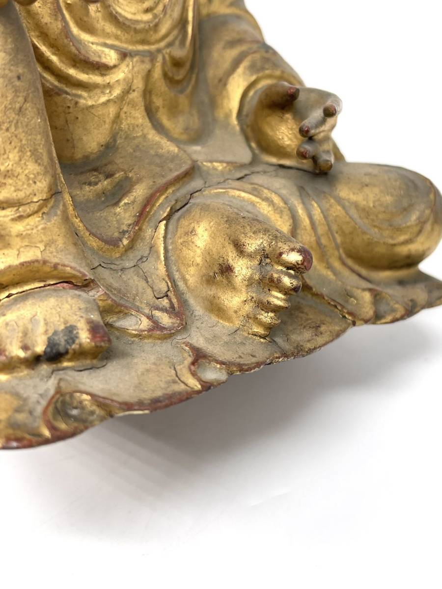 時代物 唐木雕 金漆觀音菩薩坐像 細密彫刻 時代台座付 古物保証 (仏教
