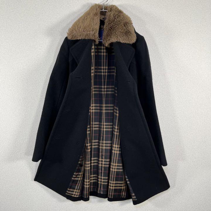 【美品・アンゴラ混】バーバリーブルーレーベル　ファーコート　ノバチェック　黒
