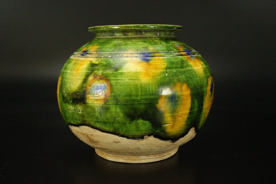 銀閣】中国美術 唐三彩 丸壷 高11.5cm 旧家蔵出(UM741)