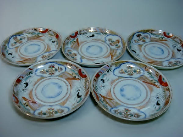 中皿□古い伊万里赤絵 鶴 松竹梅 花唐草 5枚 骨董品□ 骨董