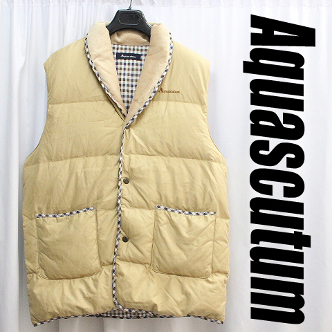 Aquascutum アクアスキュータム 中綿ベスト 裏地チェック フード格納 英国製アクアスキュータム Aquascutum ショールカラー×スエード風起毛