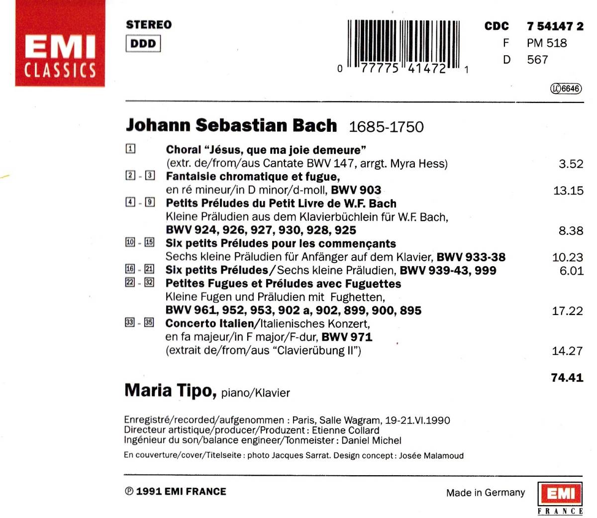 廃盤超希少 初期仏盤 マリア・ティーポ J.S.バッハ イタリア協奏曲