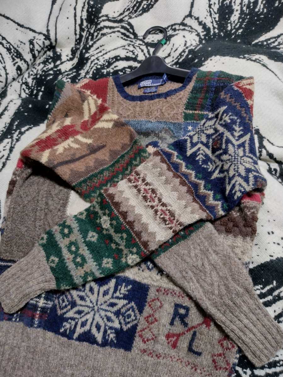 レア 90s Polo Ralph Lauren パッチワーク ハンドニット M セーター 