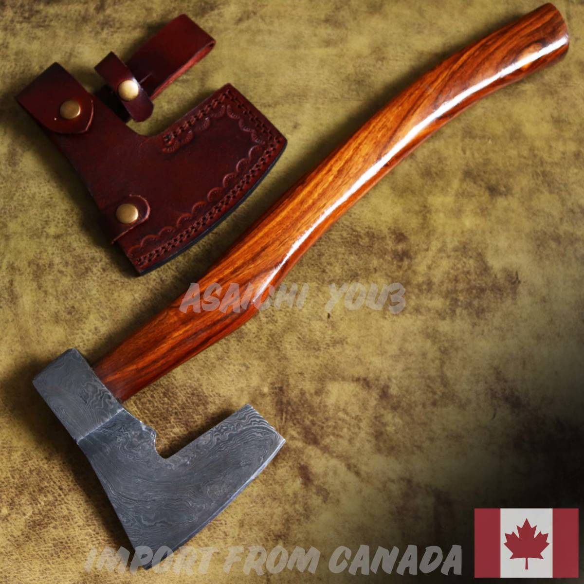[職人制作][カナダ][ダマスカス鋼] 薪割り アウトドアアックス 斧/希少な無垢ウォルナット材ハンドル/1点物/本革シース付/キャンプ♪