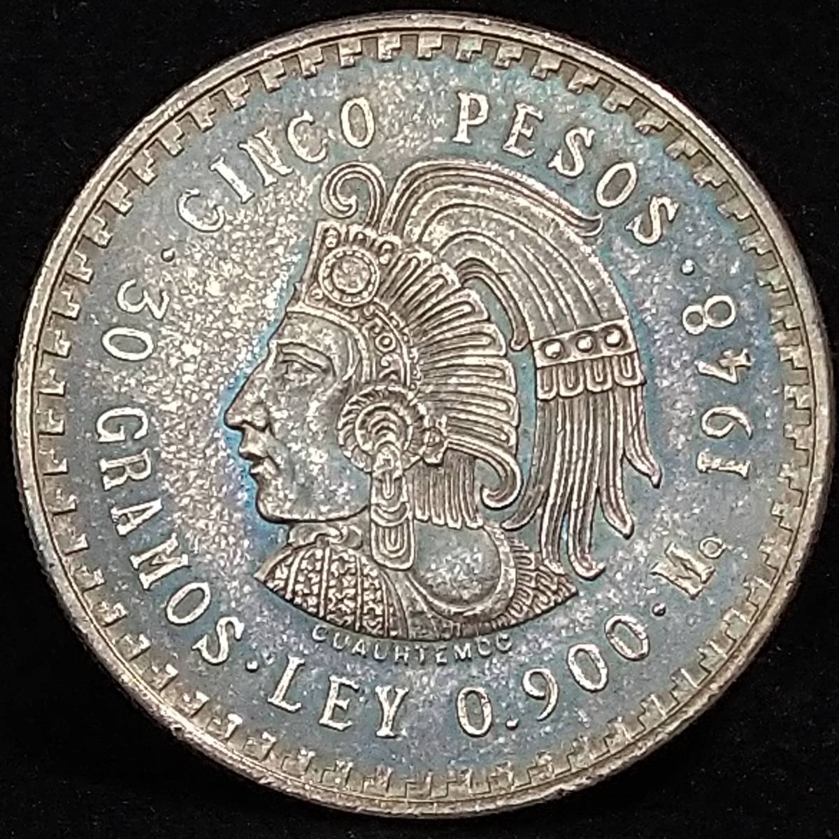1948年 メキシコ 5ペソ銀貨 クアウテモック王 純銀 Art Musical