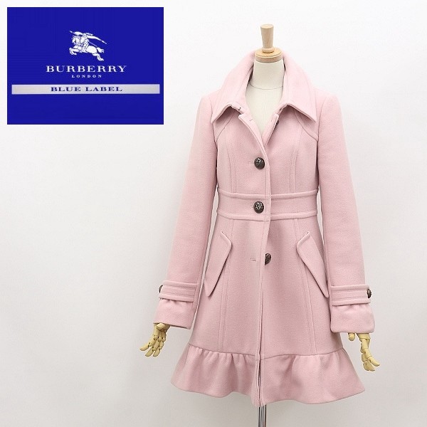 美品●BURBERRY BLUE LABEL バーバリー ブルーレーベル アンゴラ混 ウール Aライン コート ピンク 38 BLUE LABEL BURBERRY ベルト タータンチェック 金