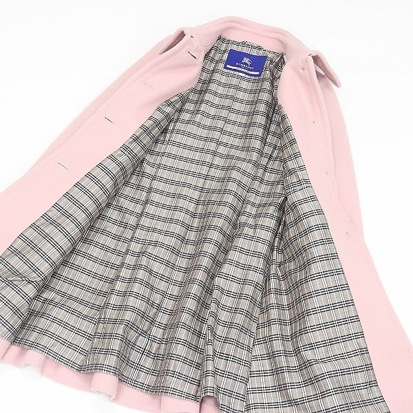 美品●BURBERRY BLUE LABEL バーバリー ブルーレーベル アンゴラ混 ウール Aライン コート ピンク 38 BLUE LABEL BURBERRY ベルト タータンチェック 金