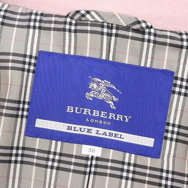 美品●BURBERRY BLUE LABEL バーバリー ブルーレーベル アンゴラ混 ウール Aライン コート ピンク 38 BLUE LABEL BURBERRY ベルト タータンチェック 金