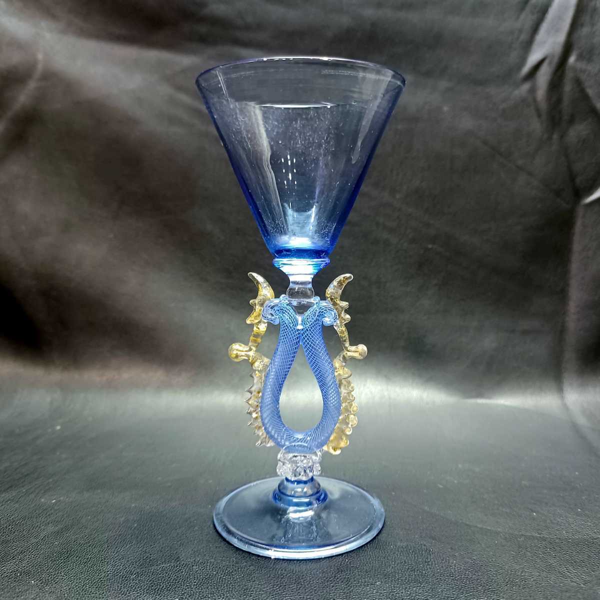 MURANO】ITALY☆ムラノ 金彩 編目 ブルー カクテル グラス☆ヴェネチア