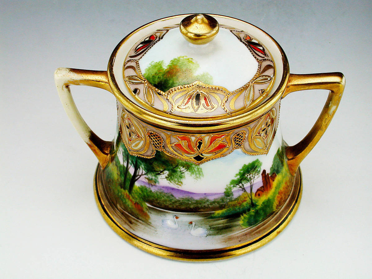 オールドノリタケ 白鳥 湖畔 金盛 ジュエル 飾皿 Hand Painted