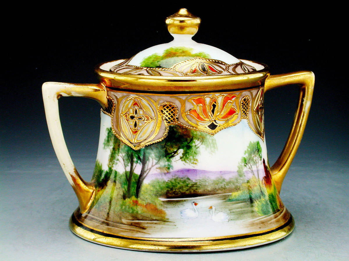 オールドノリタケ銘品!! オールドノリタケ・金盛上白鳥湖畔風景紋両耳