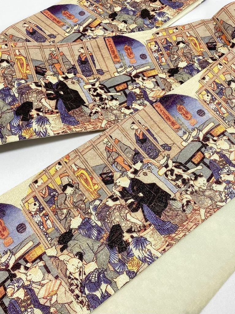 セール，100%新品 歌川国芳 おぼろ月猫の盛 柄 半幅帯 浮世絵 猫 遊郭 正絹 金属風糸含 全通(仕立て上がり)｜売買されたオークション情報、yahooの商品情報をアーカイブ公開 - オークファン 仕立て上がり