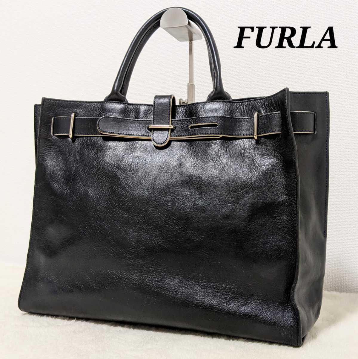 ★美品＆極希少★FURLA ビジネスバッグ メンズ ロゴプレート A4収納可能 トートバッグ レザー ハンドバッグ ロゴ型押し フルラ ブラック 黒