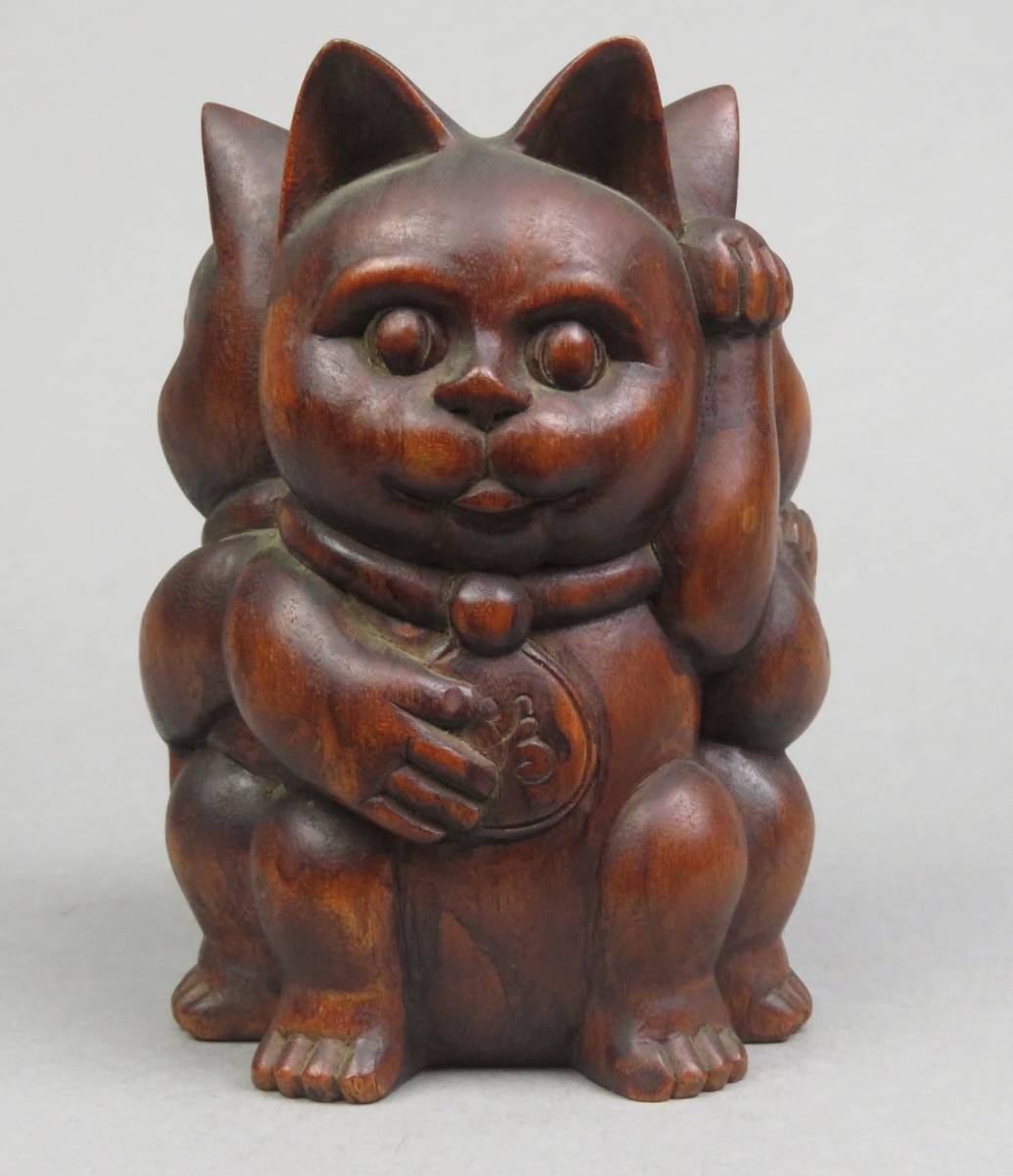 時代ある希少な作品【時代木彫 隠れ招き猫付 三面招き猫】美品 細密 