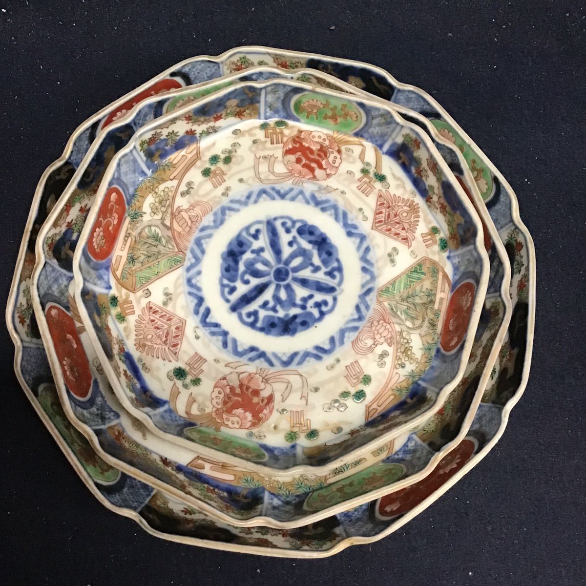 金彩色絵花草紋八角小皿 九谷焼（大聖寺伊万里） 明治 4枚組 金彩色絵