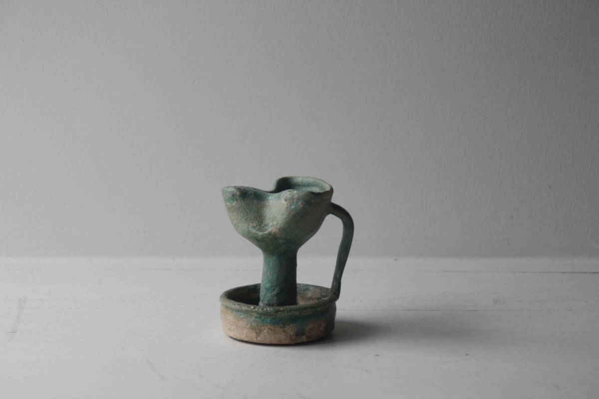 時代 ペルシャ陶器 青釉銀化 オイルランプ 灯火器 骨董品 古美術品[N80i]