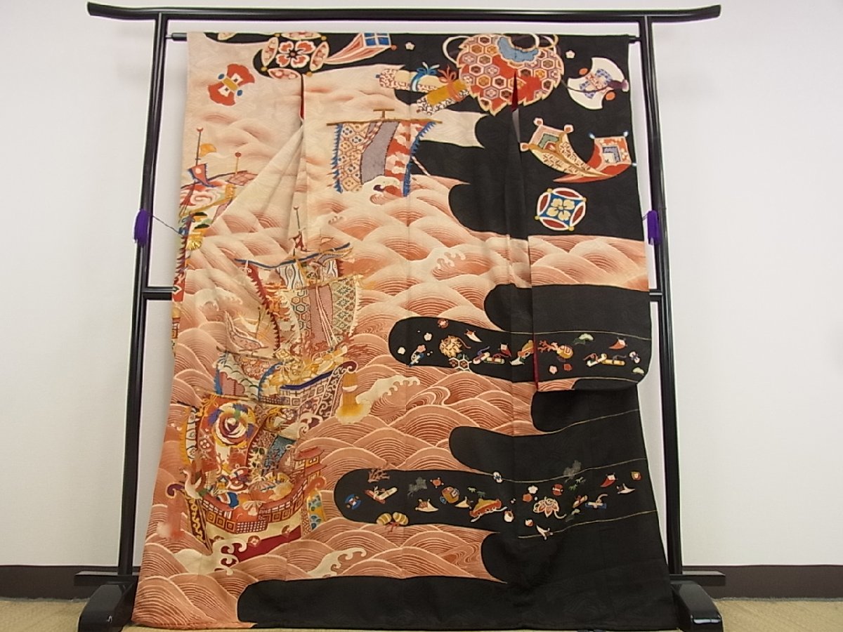 平和屋□極上 アンティーク 大正ロマン 振袖 駒刺繍 宝船 黒地 金糸 