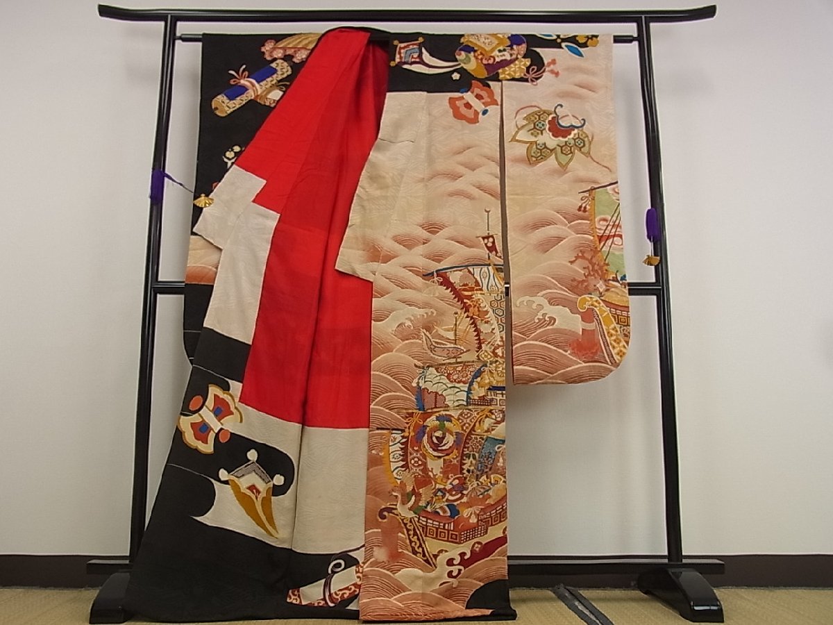 平和屋□極上 アンティーク 大正ロマン 振袖 駒刺繍 宝船 黒地 金糸 