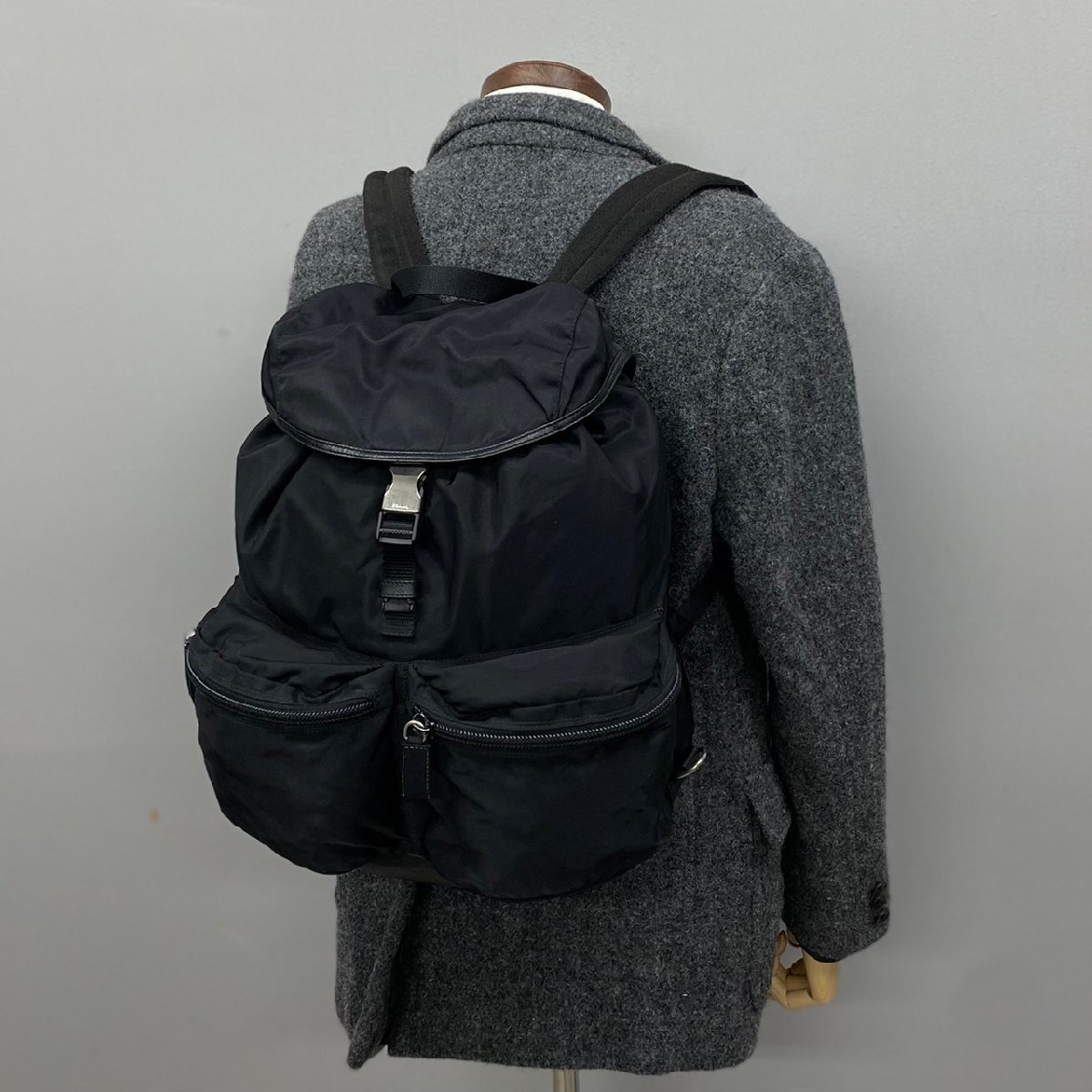 1円 美品 PRADA プラダ V164 三角ロゴ 金具 ナイロン サフィアーノ